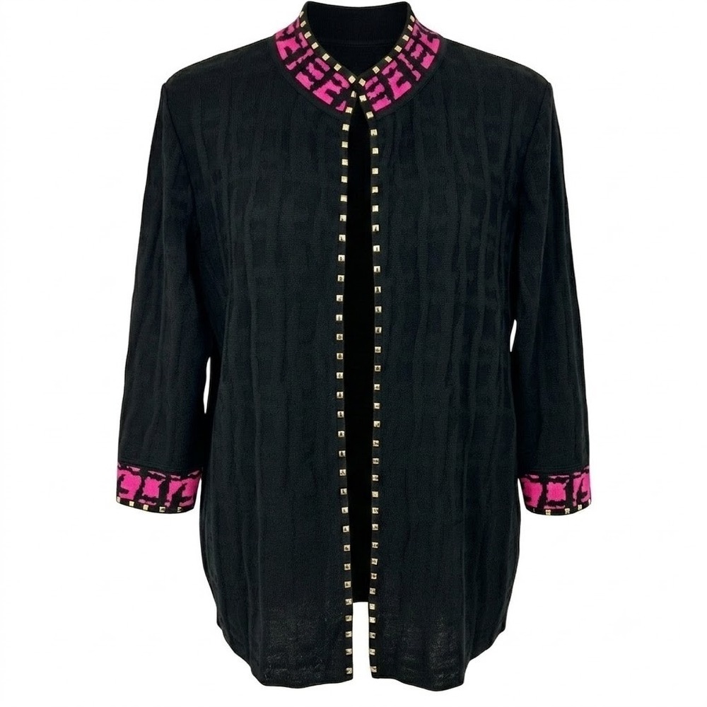 Ming Wang Women's Medium Black Pink Geometric Studded Trim Cardigan Sweater